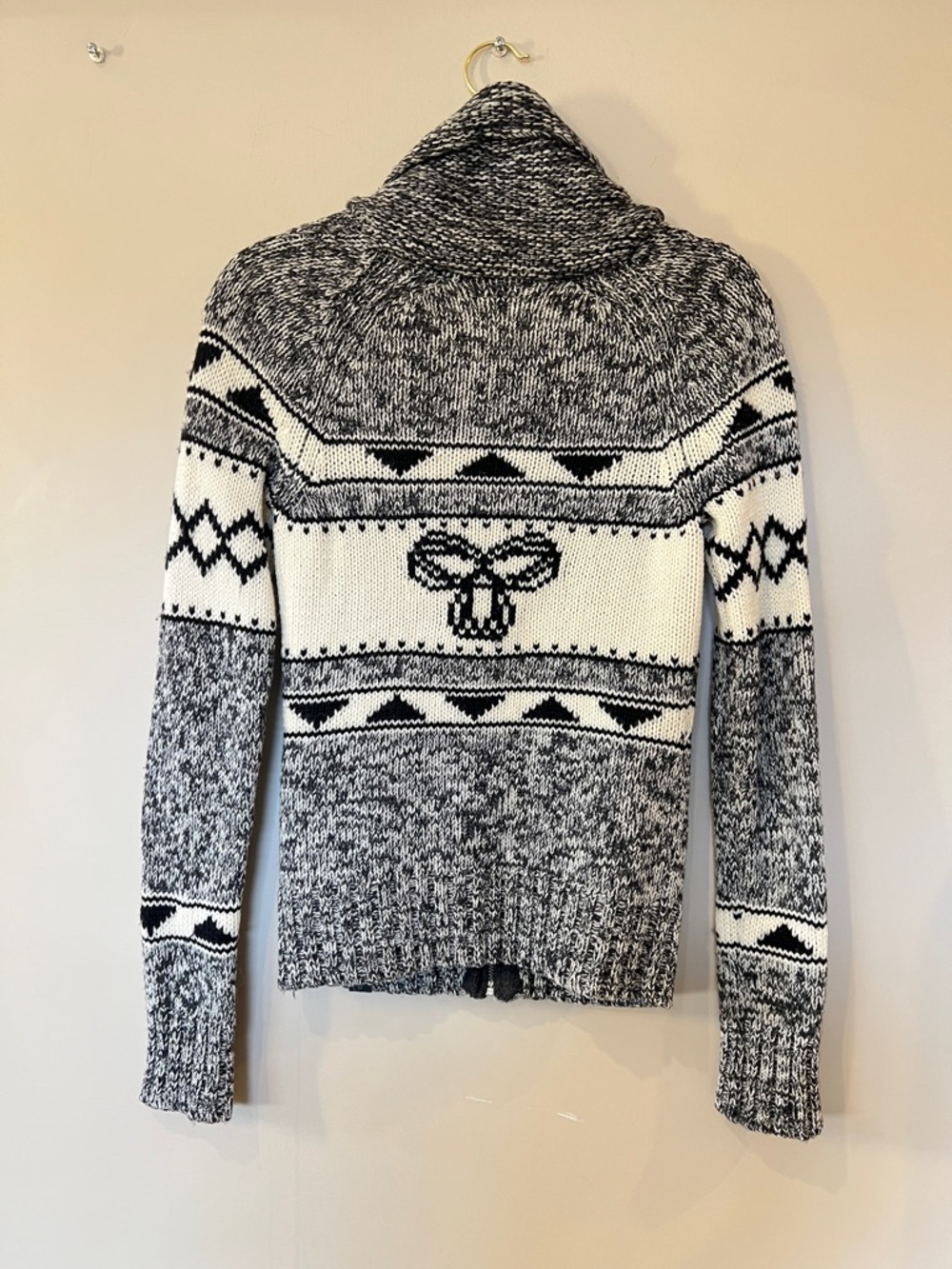 TNA Black and White Patterned Zip Front Shawl Collar Wool Sweater - Picture 3 of 7